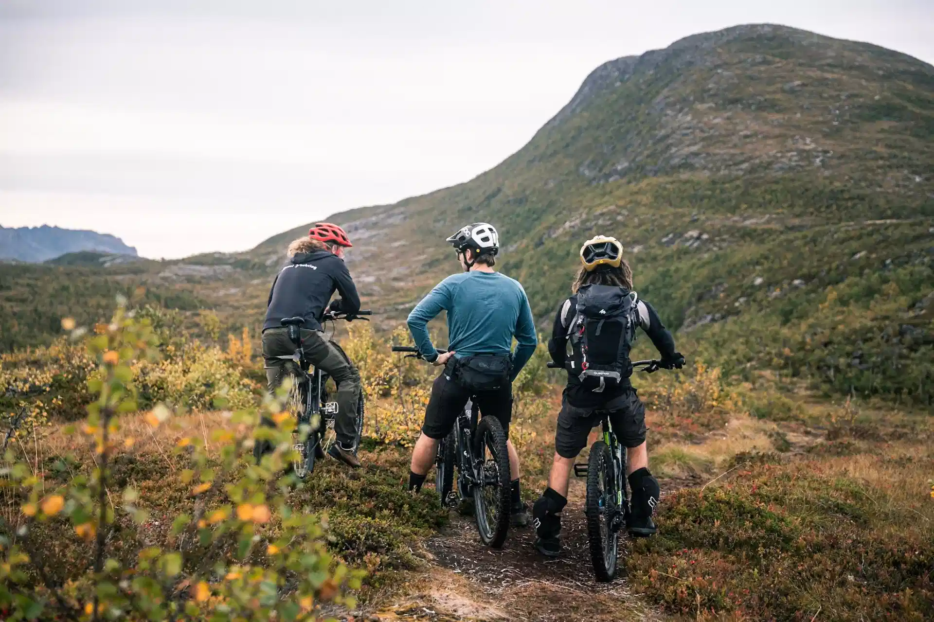Mountain biker riding a coastal trail above the sea in Northern Norway