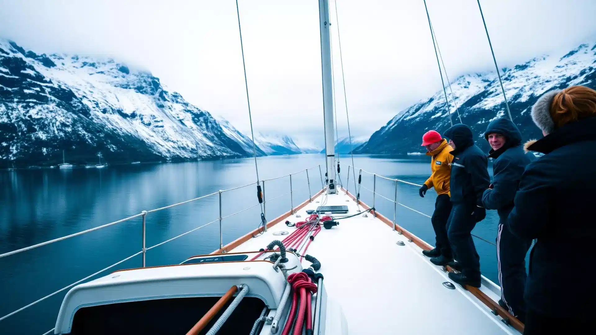 Skipper at the helm of a Boreal Yachting sailing yacht in Arctic waters